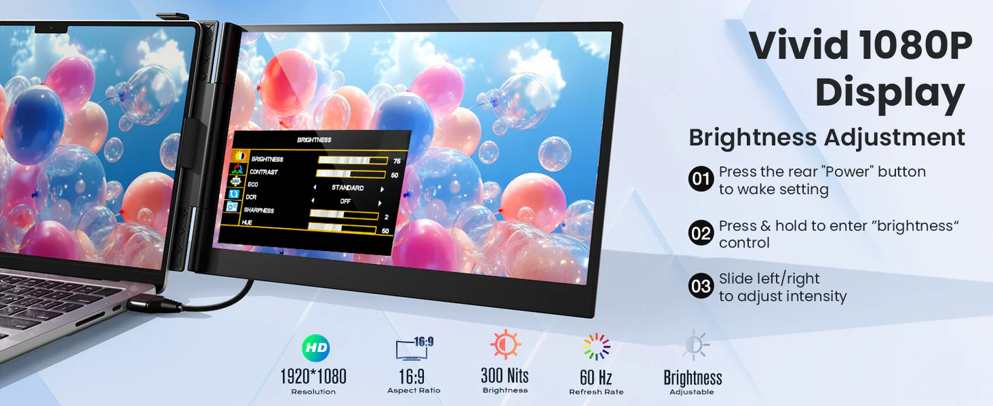 14" Ultra-thin SingleMonitor Portable FHD Laptop Screen Extender, Dual Display for Windows & Mac