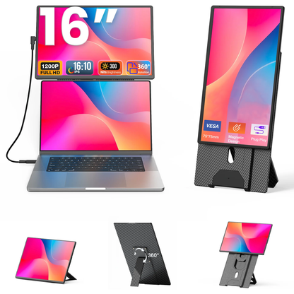 16" FHD SingleMonitor 1200P Plug & Play Enhanced Productivity Dual Screen Portable Monitor for Windows/Mac/Android
