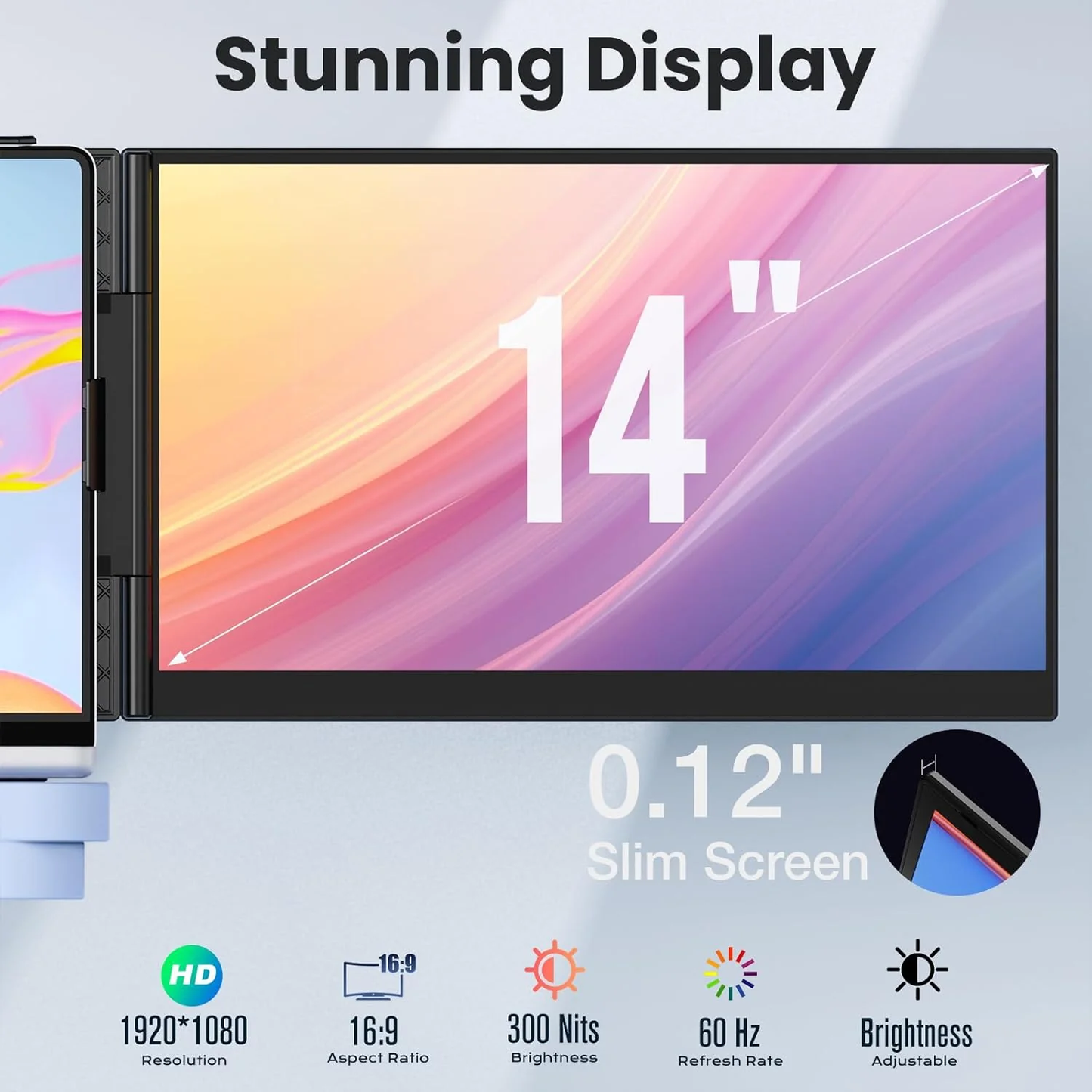 14" Ultra-thin SingleMonitor Portable FHD Laptop Screen Extender, Dual Display for Windows & Mac